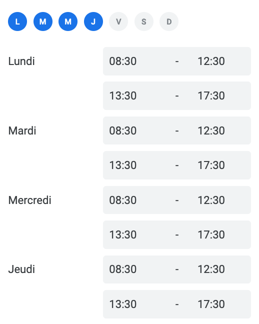 Screenshot of Google Calendar working hours setup, showing 08:30-12:30 and 13:30-17:30 on Mon, Tue, Wed, Thu